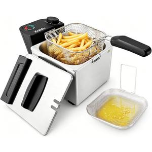 2L Mini Deep Fryer with Basket for Home Use, Electric Small Deep Fryer with Oil Filtration System & Lid, 1300W Compact Countertop Fryer with Adjustable Temperature, Stainless Steel Body