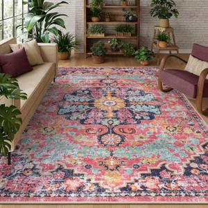Lahome Reine 8x10 Area Rugs for Living Room, Washable Rugs for Bedroom Aesthetic Large Dining Room Rugs for Under Table, Bohemian Low Pile Nursery Carpet for Playroom Home Office, Fuchsia/Multi