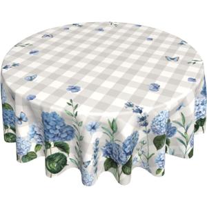 Giwawa Spring Summer Round Tablecloth 60in Watercolor Blue Hydrangea Floral Butterfly Table Cover Grey Buffalo Plaids Washable Table Cloth for Dining Kitchen Picnic Indoor Outdoor Decor