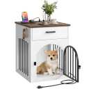 CHOEZON Dog Crate Furniture, Wooden Dog House with Charging Station and Storage Drawer, Indoor Pet Crate End Table for Small Breeds, for Living Room, Bedroom, White and Walnut MGW01UWL
