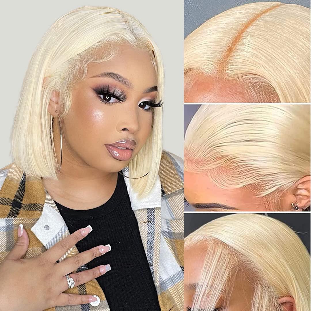 13x6 Blonde Lace Front Wig 14 Inch 613 Straight Bob Wigs Human Hair 200% Density for Women