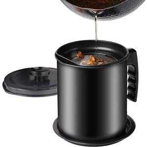 Cambom Bacon Grease Container with Fine Mesh Strainer, 1.3 L almost 6 Full Cups Iron Cooking Oil Can with Removable a Coaster Tray for Kitchen Fat Storage Black