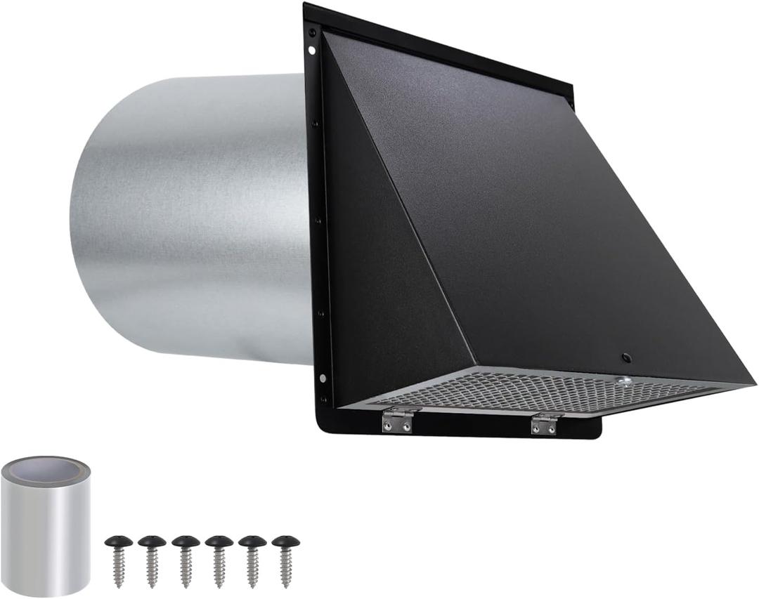 6 Inch Hooded Wall Vent with Screen and Damper,6 Inch Wall Exhaust Vent Cover Dryer Ventilation Cap Exterior for Kitchen Range Hood Air Exhaust,External Extractor w/Non Return Flap,Galvanized Steel (Black)