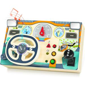 Busy Board Montessori Toys for 1 2 3 Year Old, Wooden Toddler Sensory Toy Busy Board with LED Lights Sound Switch, Toddlers Activity Travel Toy, Steering Wheel Toddler Toys Christmas Gift for Boy Girl