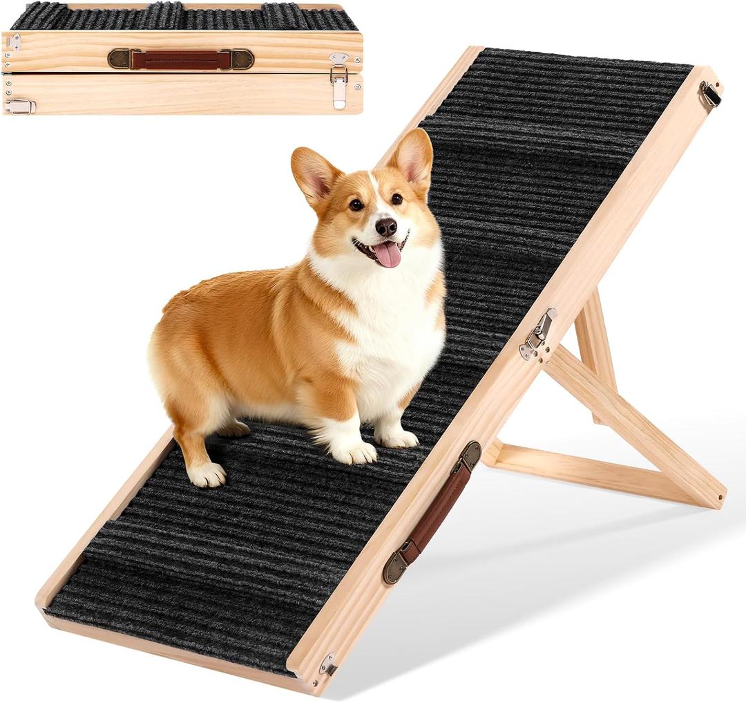 39" Long Dog Ramp for Bed, Couch & Car - 5 Level Adjustable Height (10.4" to 24.4"), Foldable Portable Wooden Pet Ramp with Non-Slip Surface, for Small & Old Dogs Up to 70 LBS