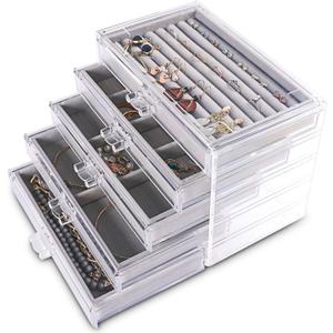 Frebeauty Extra Large Acrylic Jewelry Box for Women 5 Layers Clear Jewelry Organizer Velvet Earring Box with 5 Drawers Rings Display Case Necklaces Holder Tray for Women Girls (Grey)