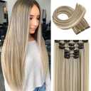 FLUFYMOOZ 6PC Clip in Hair Extensions 24" Straight Long Extensions for Women Synthetic Hairpiece (Ash Brown with Blonde Highlights)