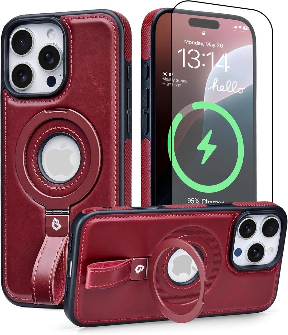 Butaiga for iPhone 15 Pro Max Leather Case with Stand, Anti-Slip Grip Ring, Fits for MagSafe (Burgundy, iPhone 15 Pro Max)