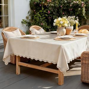 Outdoor Rectangle Tablecloth Waterproof & Stain Resistant Table Cloth Boho Spring Decorative Scalloped Cutouts Farmhouse Table Cover for Dining, Party, Camping, 55 x 84 Inch, Beige