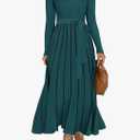 ZESICA Womens 2025 Fall Turtleneck Long Sleeve Sweater Dress Tie Waist Casual Loose Ribbed Knit A Line Midi Dresses Small Teal