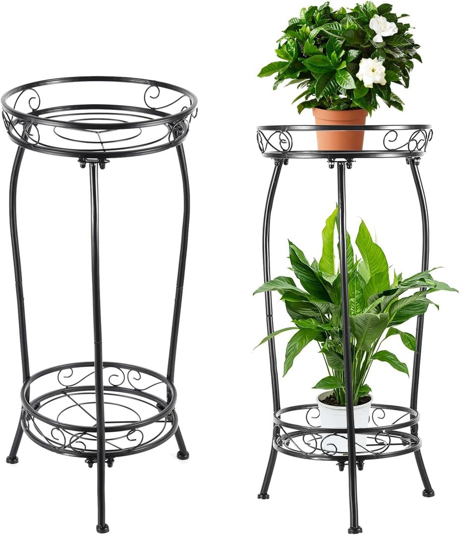 Plant Stand Indoor OutdoorTall Black Metal Rustproof Stable Plant Stands2 Tier 27.1 inch (2PS-Iron)
