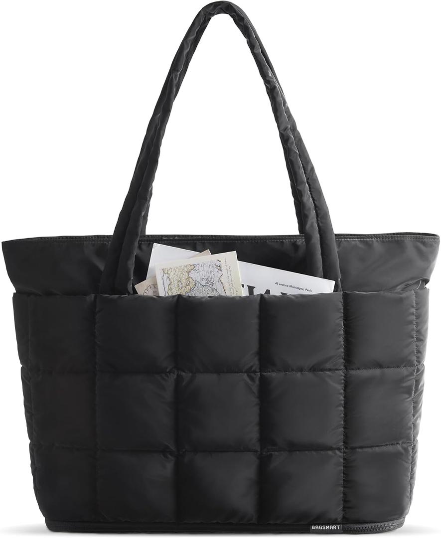 BAGSMART Expandable Tote Bag for Women, Puffer Work Tote Handbag, Quilted Carry On Bag for Travel Gym