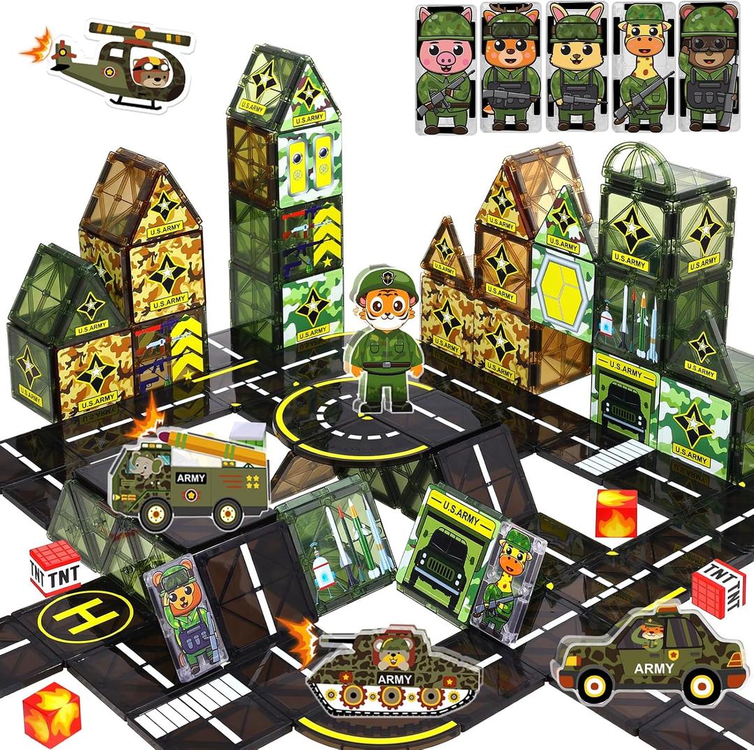 Magnetic Tiles Army Toys with Army Men Military Tank Plane Car, Magnet Tiles for Kids 3-5 4-8,Toy for Boys 4 5 6-8,Magnet Blocks Military Toys Action Figures Soldiers,Gifts for 3-12 Year Old Boys Kids
