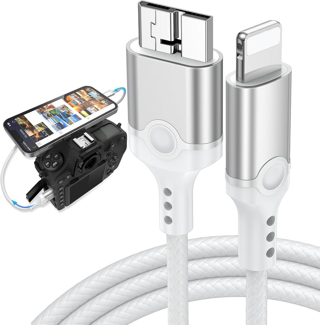 Lightning to Micro B USB 3.0 Camera Adapter Cable MFi-Certified for iPhone 14 13 12 XR 7 Plus Import Photos Video USB 3.0 Micro DSLR Camera OTG Cable for Canon/Nikon Cord 3.3ft, Not for Hard Drive
