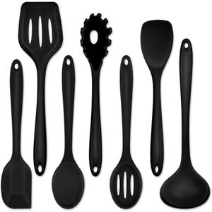 P&P CHEF Silicone Cooking Utensils Set of 7, Heat-proof Kitchen Utensils Set for Nonstick Cookware, Non-stick Spatula, Slotted Turner, Soup Ladle, Pasta Server, Spoon for Cooking Serving - Black