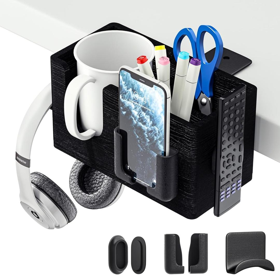 Ofiray-home 5-in-1 Wooden Desk Organizer with Cup Holder, Headphone Stand, Phone Holder, Remote Control Holder Clamp-On Desktop Caddy for Office Desk, Gaming Setup, Home, No Drawer Table Organization