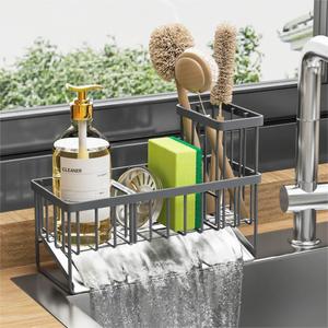 Cisily Sink Caddy Organzier with High Brush Holder, Sponge Holder for Sink, 304 Rustproof Stainless, Kitchen Countertop Soap Dispenser Organizer, Dark Gray Kitchen Decor and Accessories (9.25)