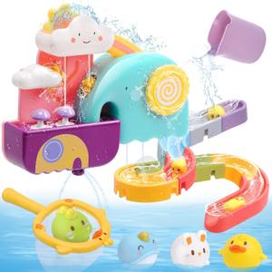 CUTE STONE Baby Bath Toys, No Hole Floating Squirting Bathtub Toy W/ Water Slide Building Track, Duck Fishing Net Game, Toddler Shower Toys, Water& Pool Toys, Educational Gifts for Boys Girls