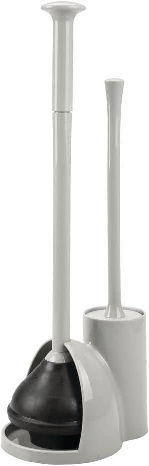 mDesign Hidden Plunger and Brush Set for Toilet Bowl - Brush Cleaner and Plunger Combo with Holder Caddy for Bathroom - Modern Toilet Brush and Plunger Set - Aura Collection - Light Gray (Pack of 1, Stone)