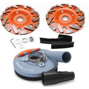 Dust Shroud for Angle Grinder 4.5-5 inch + 2 PCS Diamond Grinding Cup Wheel 5 inch + Replacement Brush, Universal Surface Grinding Shroud Kit for Various Surfaces