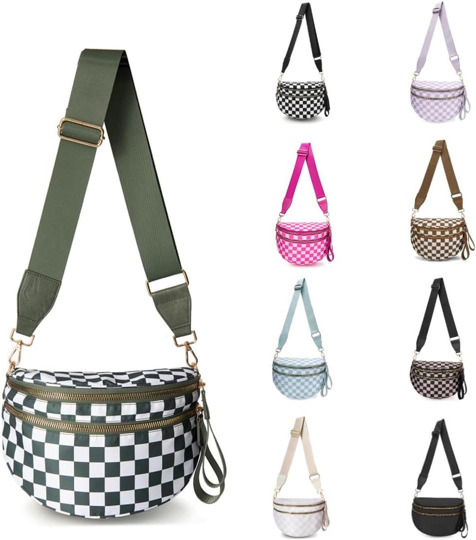 Nylon Crossbody Bag Bum Bag Handbag for Women, Spacious Purse Bag lightweight Sling Bag Wallet with Adjustable Strap (Bean Green Checkered)