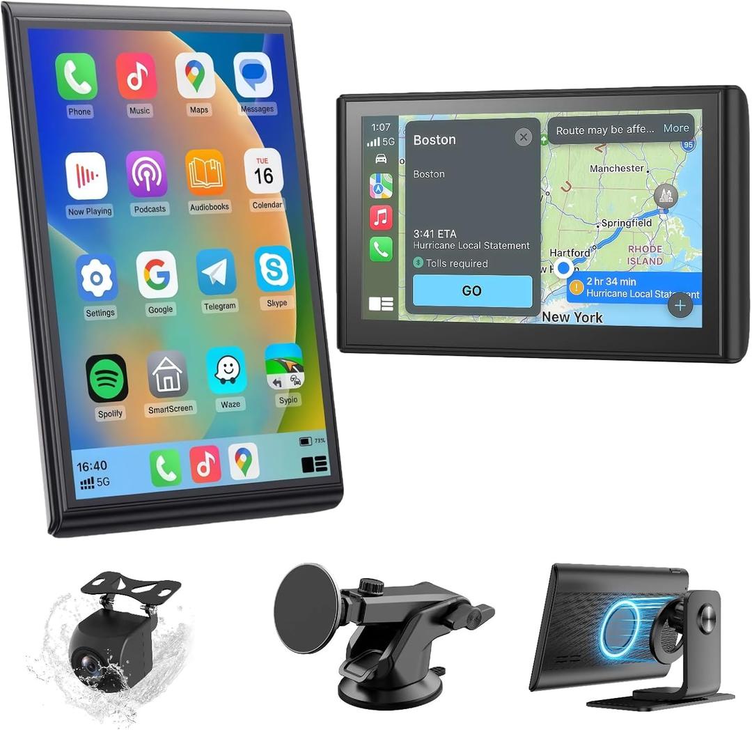 Portable CarPlay Screen for Car Wireless Car Play & Android Auto Touch Screen,7" HD,Landscape&Portrait,1080P Backup Camera GPS Navigation Music Voice Control Bluetooth AUX FM for All Vehicles