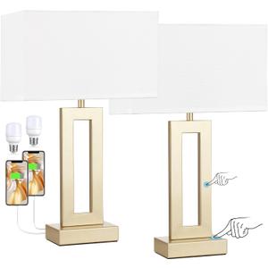 Nightstand Table Lamps for Bedrooms Set of 2 - Touch Bedside Lamp with USB C+A, 3 Way Dimmable Living Room Lamps for End Tables Set of 2(White&Gold) (Medium(19.6in))