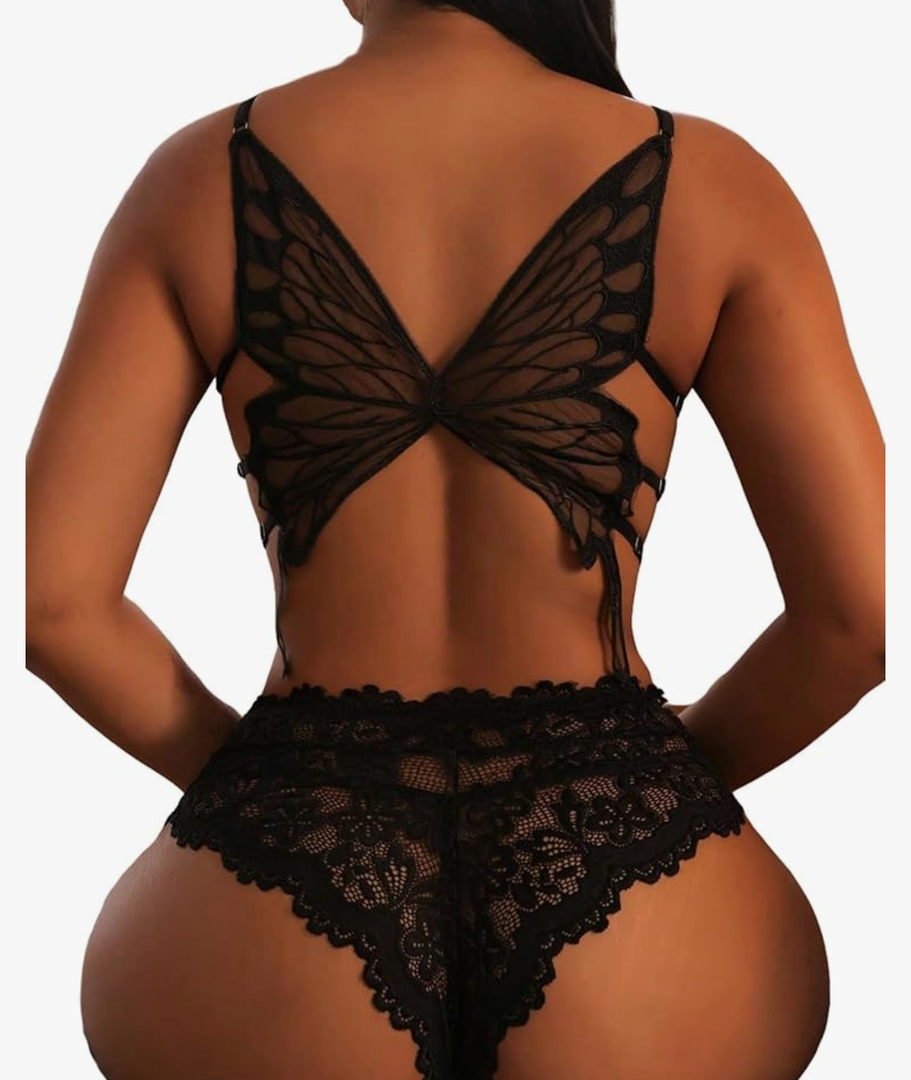 SOLY HUX Women's Floral Lace Cutout Lingerie Set Butterfly Shaped Bralette Bra and Panty Size L