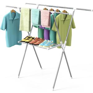 Clothes Drying Rack 2 Tiers, Heavy Duty Drying Rack Clothing Folding Indoor Outdoor, Stainless Steel Laundry Drying Rack, Portable Garment Rack, Blanket Rack Clothesline(61 Inches) (Silver)