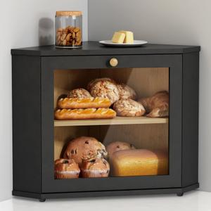 Corner Bread Box for Kitchen Countertop, Black Bread Storage Container for Homemade Bread, Two Layer Breadbox under Cabinet Mount, Large Bread Holder for Kitchen Counter, Pantry Shelf
