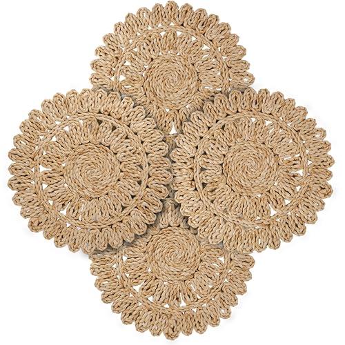 13.8" Corn Husk Woven Round Placemats Set of 4 - Wicker Boho Farmhouse Placemats - Rattan Table Mats for Dining Table, Wedding, Home