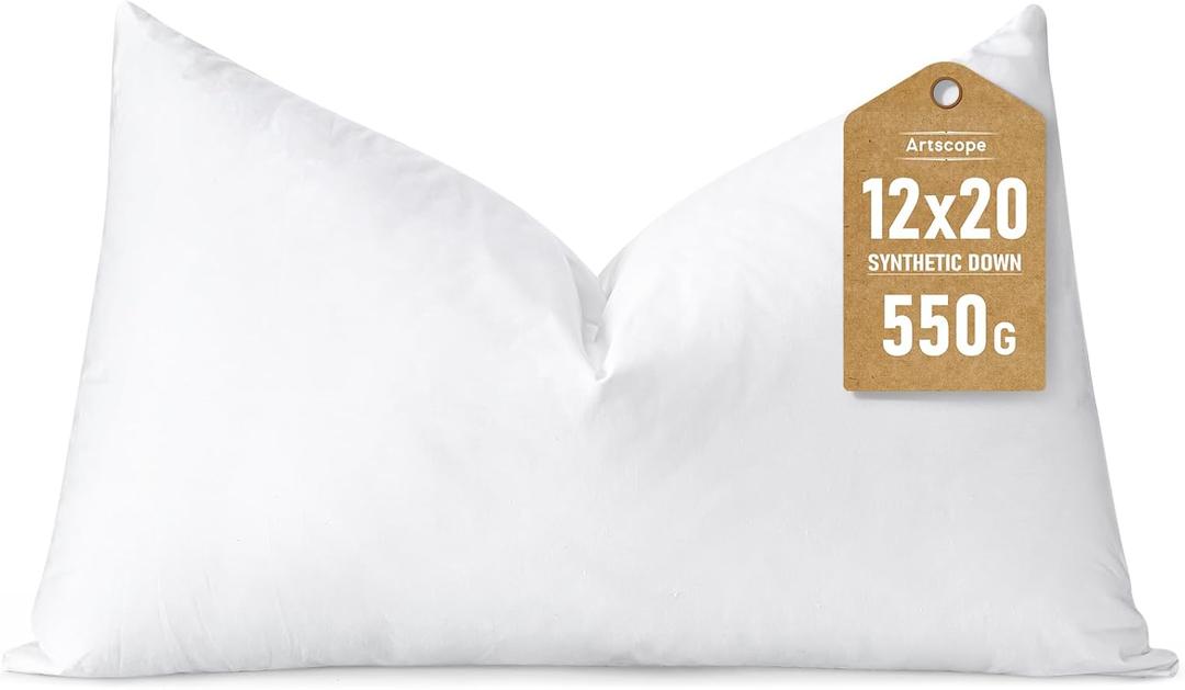 Artscope Synthetic Down Lumbar Pillow Insert, 12x20 Down Alternative Throw Pillow Insert. Ultra Soft Fluffy Sleeping Pillow with 100% Cotton Cover, Decorative Pillows-White