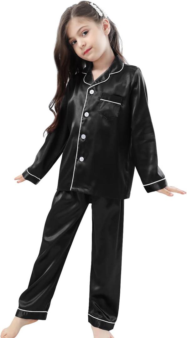 Pajamas Kid Unisex Pjs Set Girls Boys Silk Pajamas Set Satin Long Sleeve 2 Piece Clasic Sleepwear for Todder (9-10 Years, Brown)