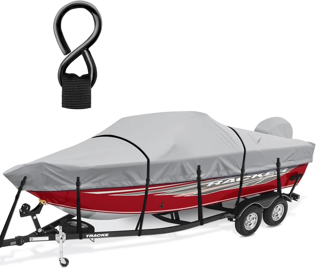 Boat Cover, Heavy Duty 1200D Waterproof Boat Covers 16-18.5ft with Motor Cover and Windproof Adjustable Metal Buckle Fits Bass Boat,V-Hull,Tri-Hull,Runabout Boat,Gray (Length: 16'-18.5', Beam Width: up to 94")