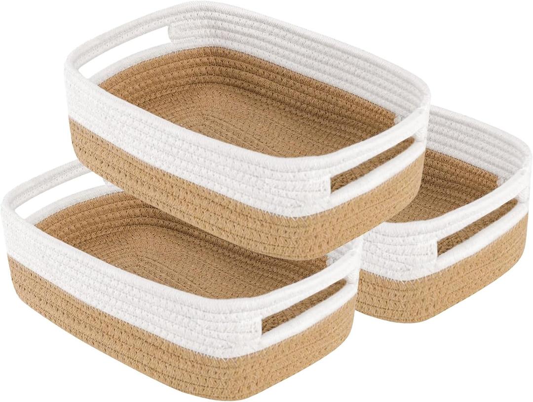 Small Basket with Gift Bags and RibbonsSmall Woven Basket Cute Oval Cotton Rope Gifts with Handle Empty Baby Wicker Storage Basket for Baby Showers Pet Toy Bin (White brown, 3 Pack (12"x 8"x 5"))