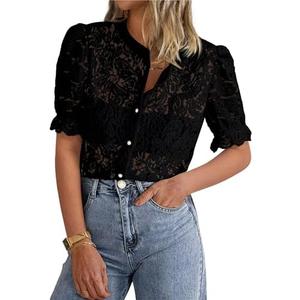 PRETTYGARDEN Womens 2025 Spring Lace Tops Short Puff Sleeve Casual Dressy Blouses Eyelet Crew Neck Button Down Shirts L