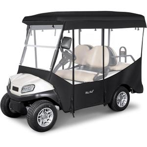 Golf Cart Enclosure 4 Passenger for Club Car Tempo Onward Extended Roof 88" 4-Seater 600D Waterproof Transparent Driving Rain Cover with 4-Sided Clear Windows Roll-up Door Black
