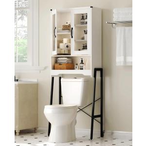 Over The Toilet Storage Cabinet with Tempered Glass Doors & Metal Stand, Over Toilet Organizer with Adjustable Shelf Space Saver Over Toilet , Tall Freestanding Shelf/Rack for Bathroom, Modern, White, 23.6 inches x 9.4 inches x 66.5 inches