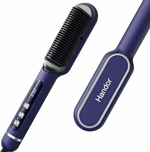 Upgraded Ionic Hair Straightener Brush, Straightening Comb for Women with 9 Temp Settings, LED Display, Fast Heating (250°F-410°F), Dual Voltage, Blue