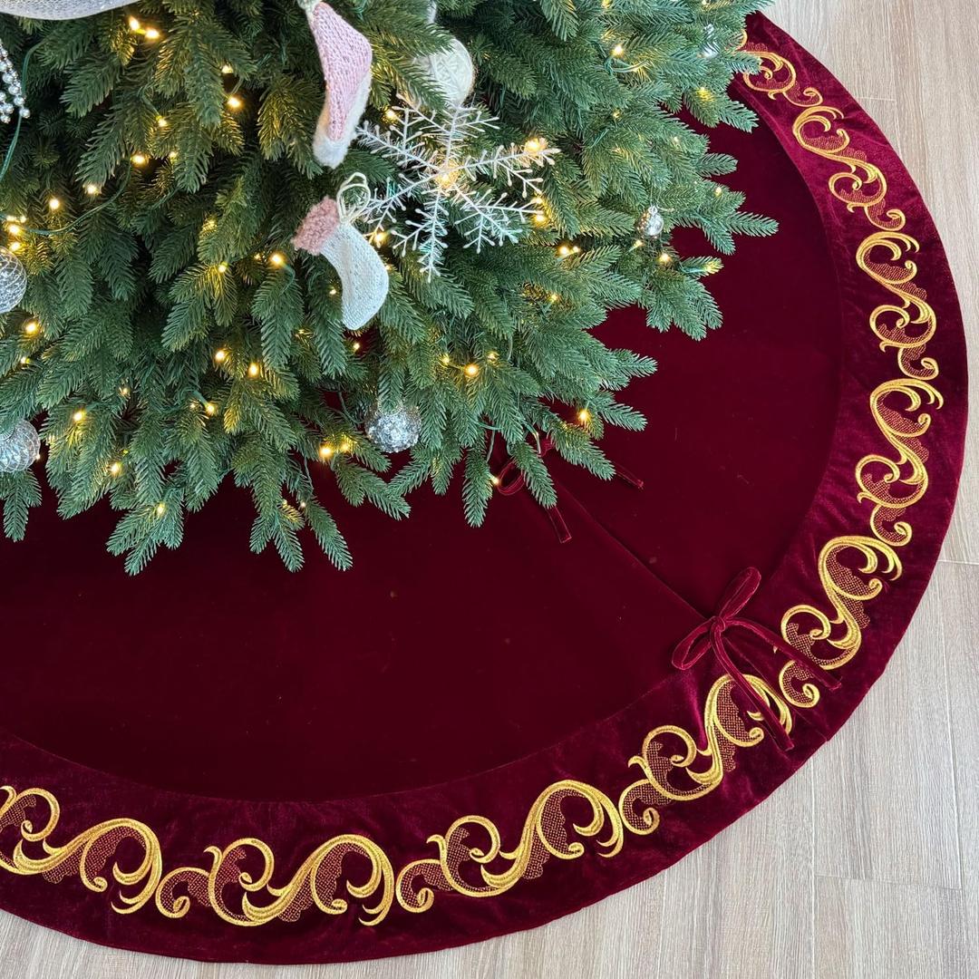 72-Inch Velvet Christmas Tree Skirt with Golden Swirl Embroidery and Lace Tie Closures, Burgundy