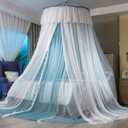 VETHIN Princess Bed Canopy for Girls,Bed Canopy Curtain Double Layer Sheer Mesh Dome Bed Curtain Round Lace Princess Mosquito Net Tent with led Stars String Lights(Blue/White)