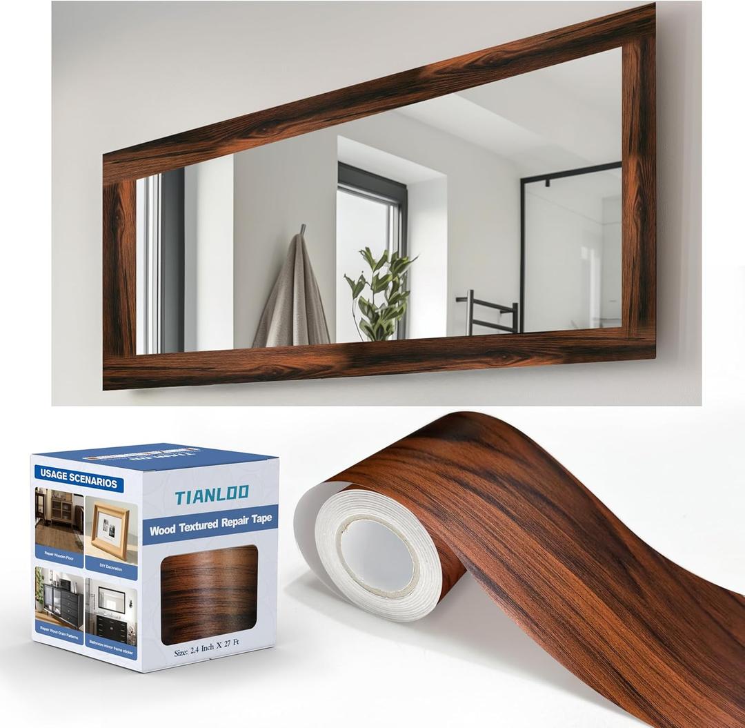 TIANLDD 27 FT Wood Grain Wallpaper Border, Removable Waterproof Mirror Border Peel and Stick, Bathroom Mirror Frame Border.(Dark Oak) (3.15 Inch x 27 Ft)