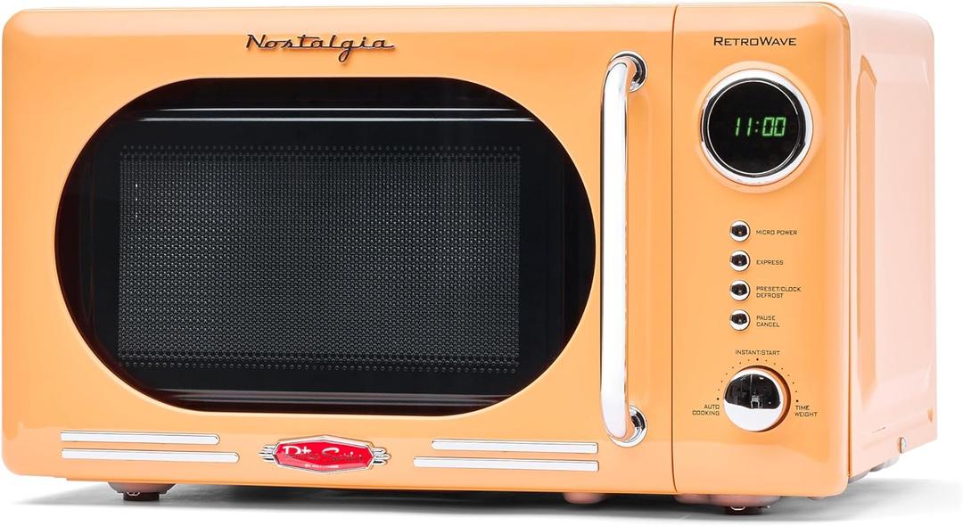 Nostalgia Countertop Microwave Oven with Easy Clean Interior- Retro Microwave with LED Display & Child Lock- Compact 0.7 Cu. Ft Oven With 12 Pre-Programmed Settings for any kitchen-700-Watts-Orange