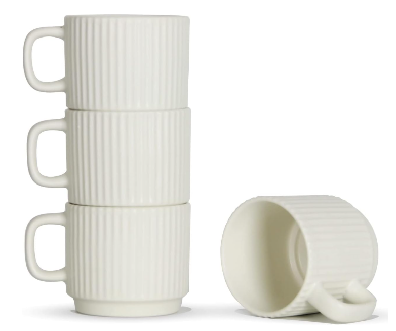 SHOWFULL Stackable Coffee Mugs Set of 4, 7 OZ Espresso Ceramics Cups for Latte Cappuccino Cocoa with Handle, Beige