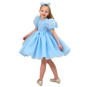 LalaMira Flower Girl Dress Organza Toddler Dresses Puff Sleeve & Bow Bcak Girls Princess Dress for Wedding Birthday Party Blue-12M
