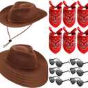 Newcotte 18 Pcs Western Cowboy Hat Set Include 6 Felt Cowgirl Hats 6 Paisley Bandanas 6 Pairs Heart Glasses for Party Costume