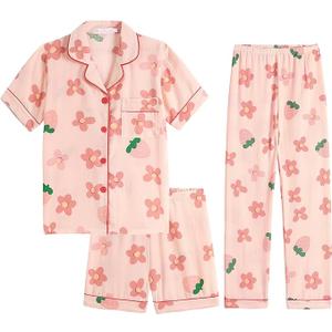Hupohoi Big Girls Button Down Pajama Set 3pcs Short Sleeve Long Pants with Shorts Crepe Wrinkled Fabric Sleepwear Nighty 12M