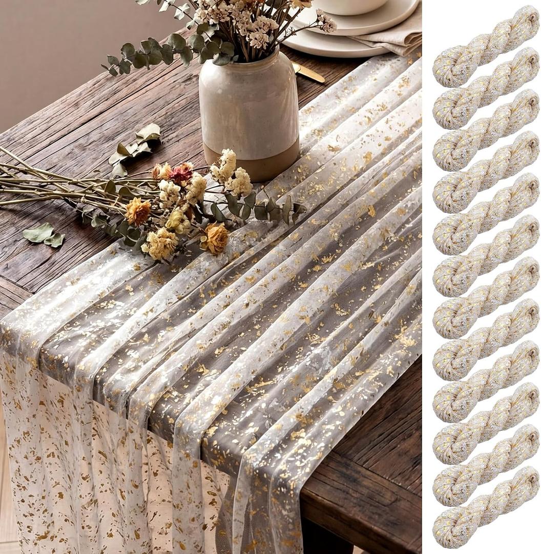 Shihanee 12 Pcs Gauze Table Runners 120 Inch 10 ft Sheer Cheesecloth Table Runner for Wedding Rustic Arch Decor Bridal Shower Baby Shower Banquet Birthday Holiday Decoration (Beige Gold)