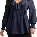 Womens Indigo Solid Texture Pleated Ruffle Trim Blouse V Neck Long Sleeve Top Casual Shirt, XL