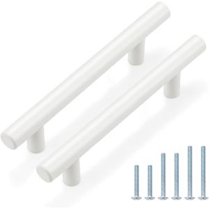 Probrico 10 Pack| 3-3/4" Hole Centers White Modern Kitchen Cabinet Pulls Drawer Handles Euro Round T Bar Pulls Stainless Steel Dresser Pulls Furniture Hardware-6" Overall Length